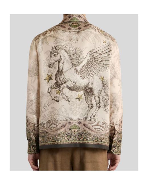 Etro Brown Silk Twill Shirt With Placed Pegaso Print for men