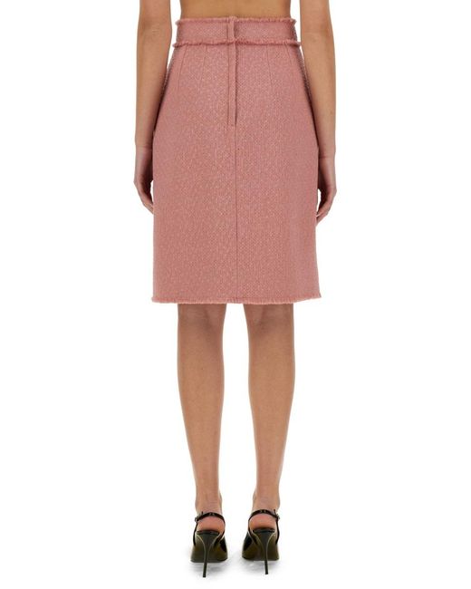 Dolce & Gabbana Pink Logo Plaque Frayed Hem Midi Skirt