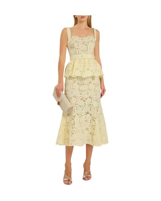 Self-Portrait Yellow Belted Floral Guipure-Lace Midi Dress