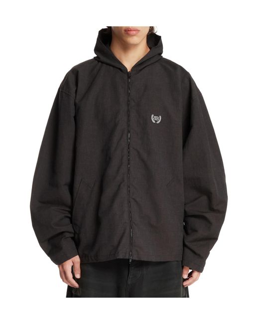 Balenciaga Black Logo Embroidered Zip-Up Hooded Jacket for men