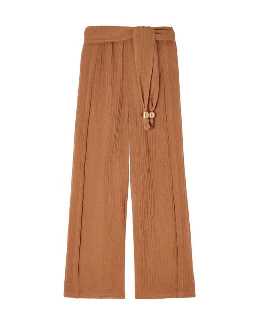 Lisa Marie Fernandez Brown Embellished Belted Crinkled Linen-Blend Gauze Pants
