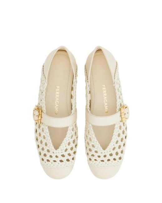 Ferragamo White Gancini Buckle Ballet Flat