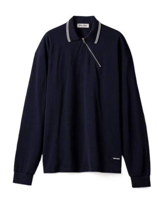 Miu Miu Blue Zip-Detailed Long-Sleeved Polo Shirt
