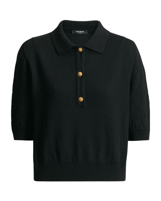 Balmain Black Merino Wool Openwork Crop Polo Shirt