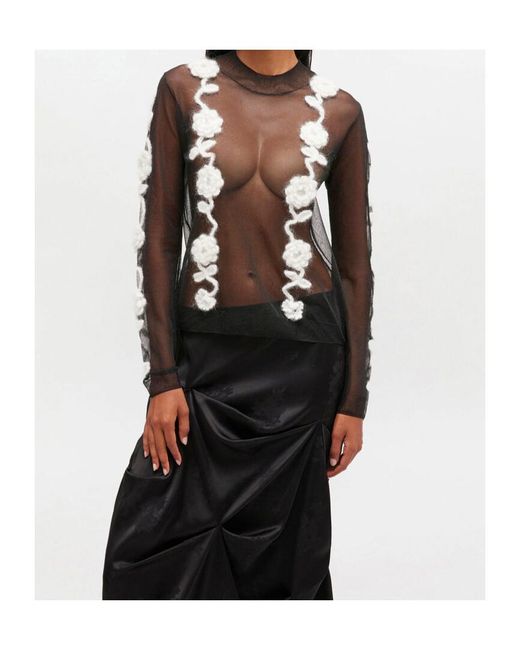 Ganni Gray Flower Crochet Turtleneck Top