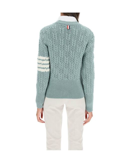 Thom Browne Blue 4-Bar Pointelle-Knit V-Neck Cardigan
