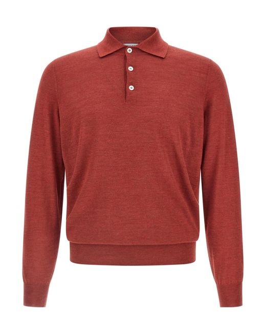 Brunello Cucinelli Red Long Sleeved Knitted Polo Shirt for men