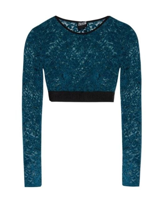 Versace Jeans Blue Couture Long Sleeved Floral-Lace Cropped Top