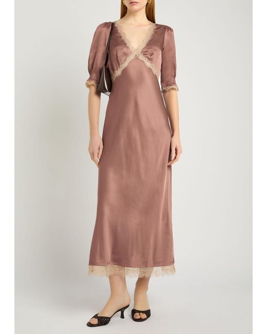 Rixo Pink Annina Lace-Embellished Satin Midi Dress