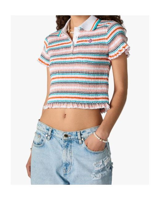 Casablanca Blue Shirred Stripe Polo Top