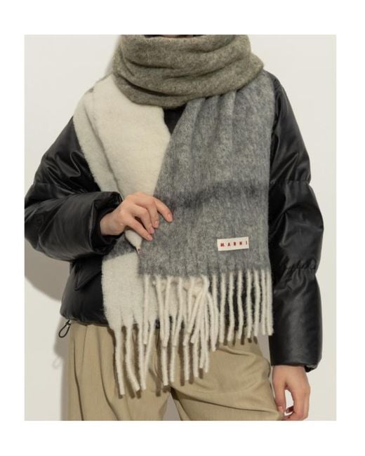 Marni Gray Logo Patch Fringed Scarf