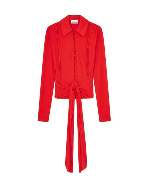 Ganni Red Draped Wrap Polo Top