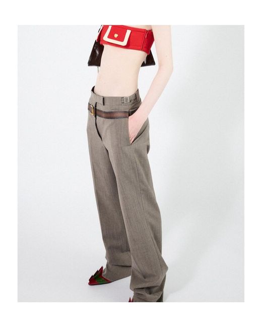 Prada Gray Belt-Detailed Pleated Trousers