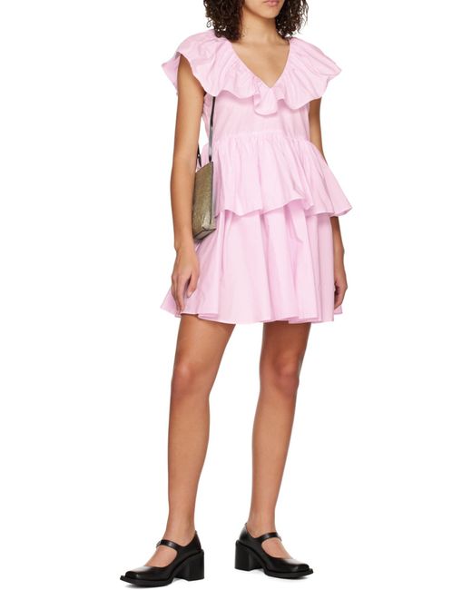 Ganni Pink A V-Collar Dress With Lotus Leaf Edge