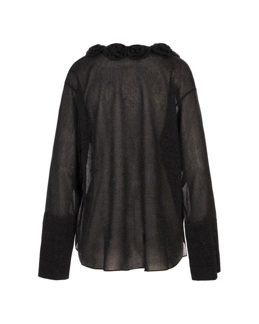 Oseree Black Rose-Embellished Glitter-Detail Blouse