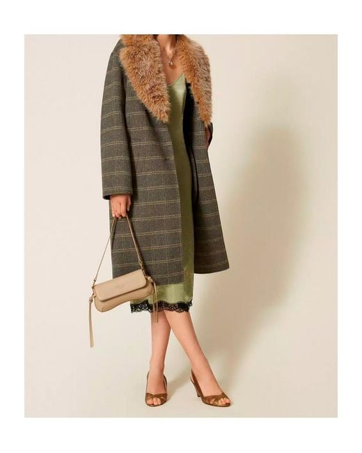 Twinset Multicolor Double-Breasted Plaid Wool Coat