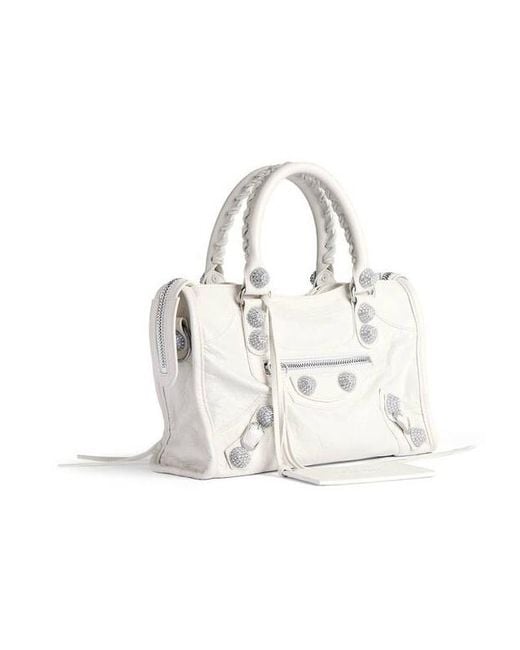 Balenciaga White Le City Bag Small Giant Studs With Rhinestones