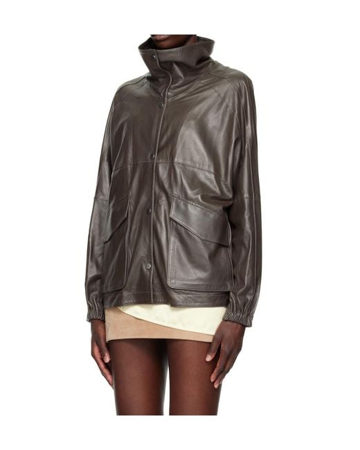 Nour Hammour Gray Stand-Collar Leather Jacket