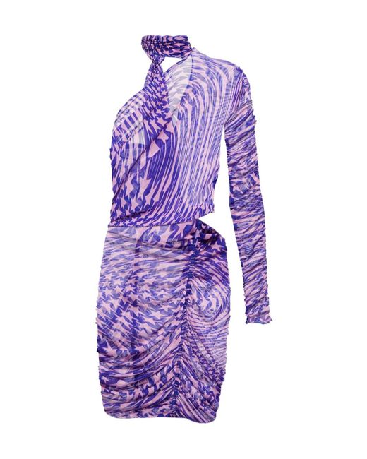 Mugler Purple Printed Mesh Lace Dress