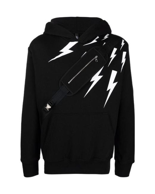 Neil Barrett Black Thunderbolt Pouch Pocket Hoodie for men