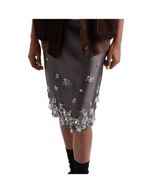 Prada Brown Embellished Raw-Cut Hem Midi Skirt