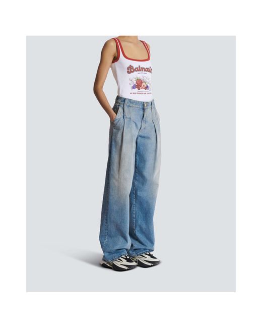 Balmain Blue Logo Detailed Pleated Jeans