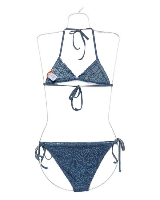 Ermanno Scervino Blue Embroidered Triangle Bikini