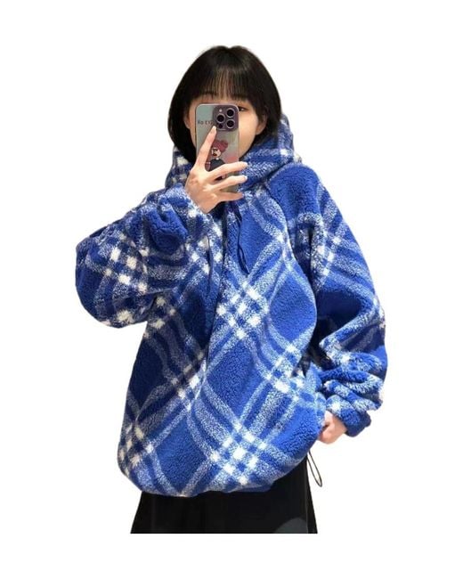 Burberry Blue Checked Faux-Shearling Hoodie for men