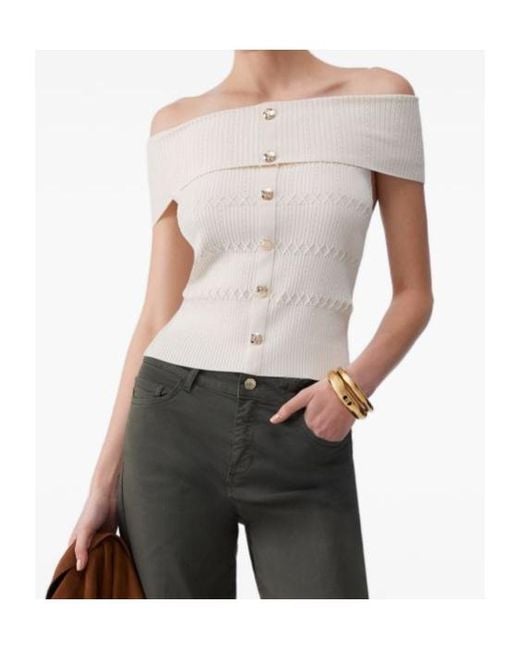 Liu Jo Gray Bardot Buttoned Knitted Top