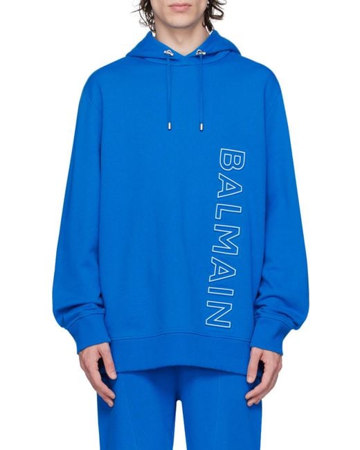 Balmain Blue Embossed Hooded Sweatshirt for men