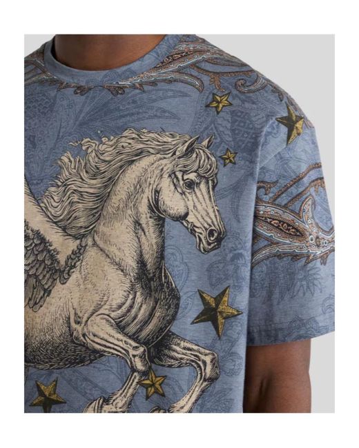Etro Blue Cotton Jersey T-Shirt With Placed Pegaso Print for men