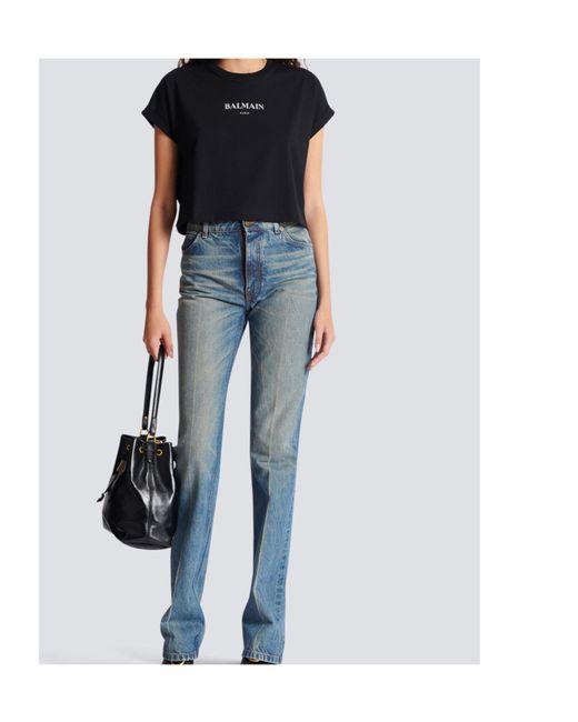 Balmain Black Logo Printed Cropped T-Shirt