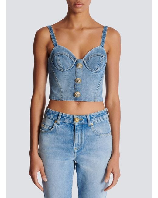 Balmain Blue Denim Bustier Top