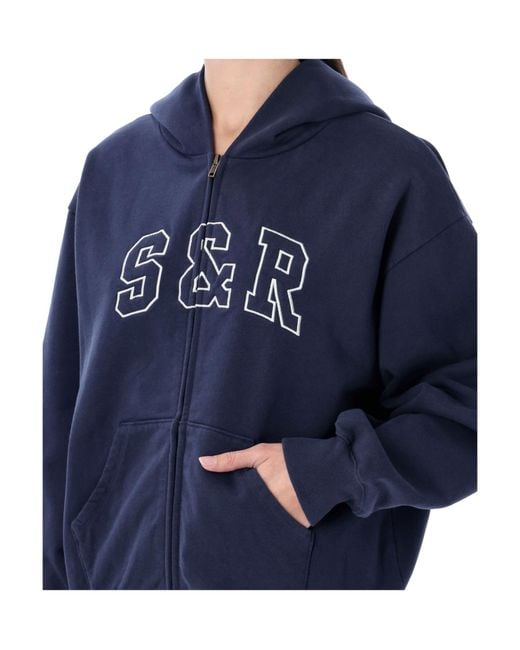 Sporty & Rich Blue Logo Detailed Zip-Up Hoodie