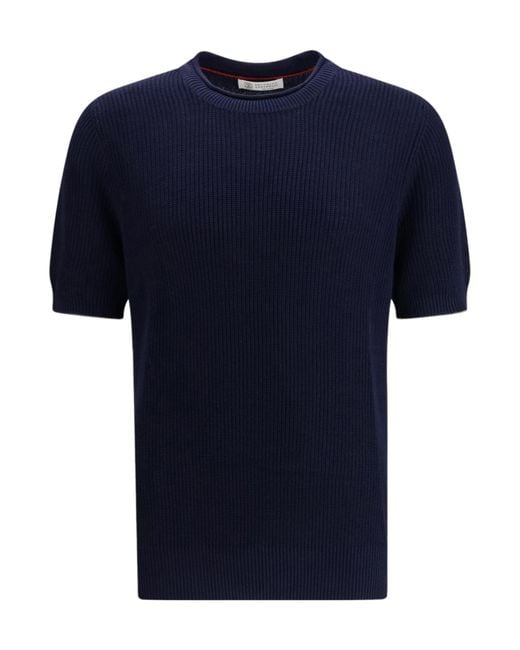 Brunello Cucinelli Blue Ribbed Short-Sleeve T-Shirt for men