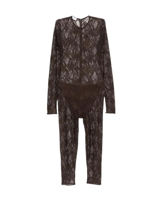 ANDAMANE Brown Sheila Lace-Pattern Long-Sleeve Jumpsuit