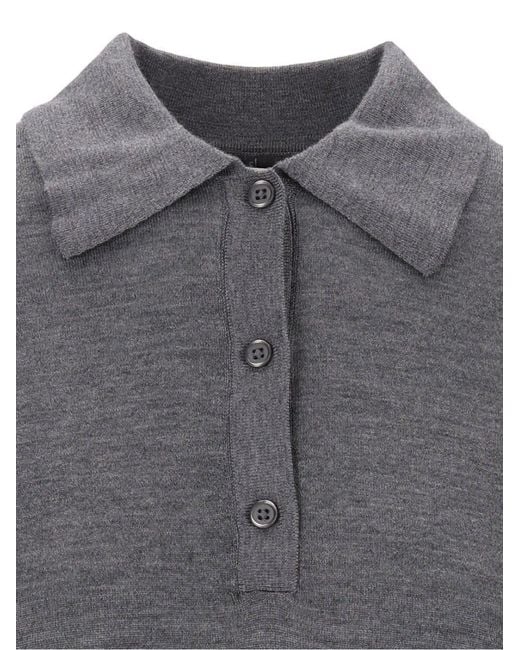 Loulou de Saison Gray Fine-Knit Long-Sleeve Polo Shirt