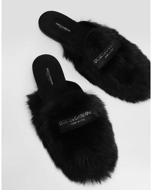 Dolce & Gabbana Black Shearling Slippers