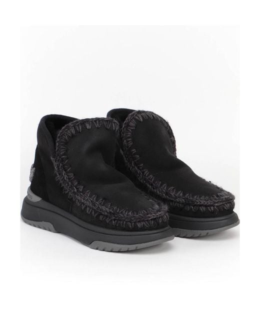Mou Black Eskimo Logo-Glitter Whipstitch-Trim Boots