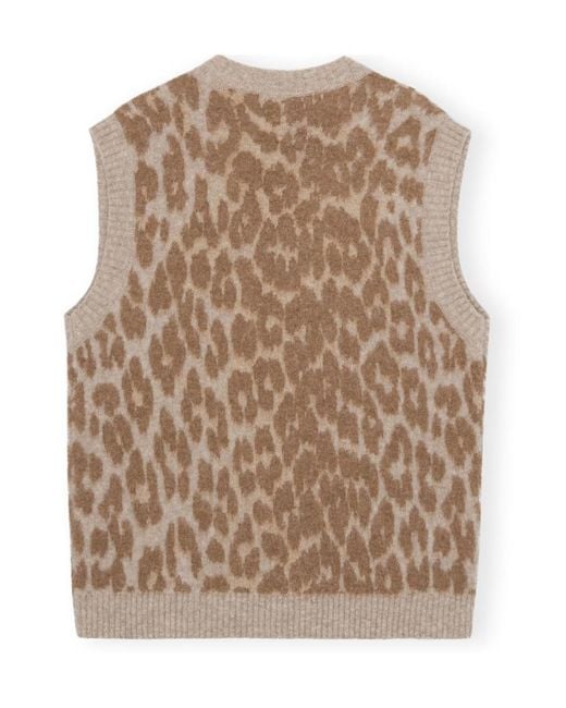 Ganni Brown Leopard Jacquard Knitted Vest