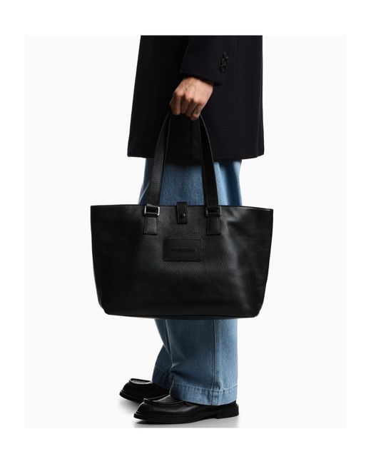 Emporio Armani Black Leather Tote Bag for men