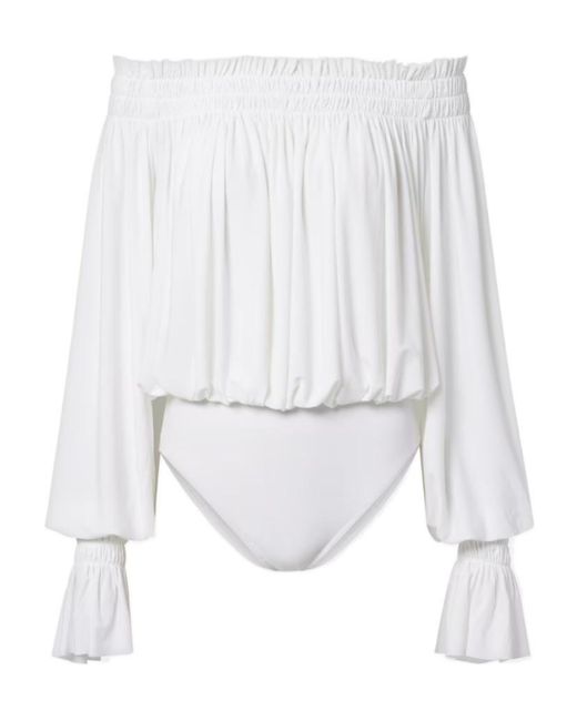 Norma Kamali White Off-Shoulder Smocked Bodysuit
