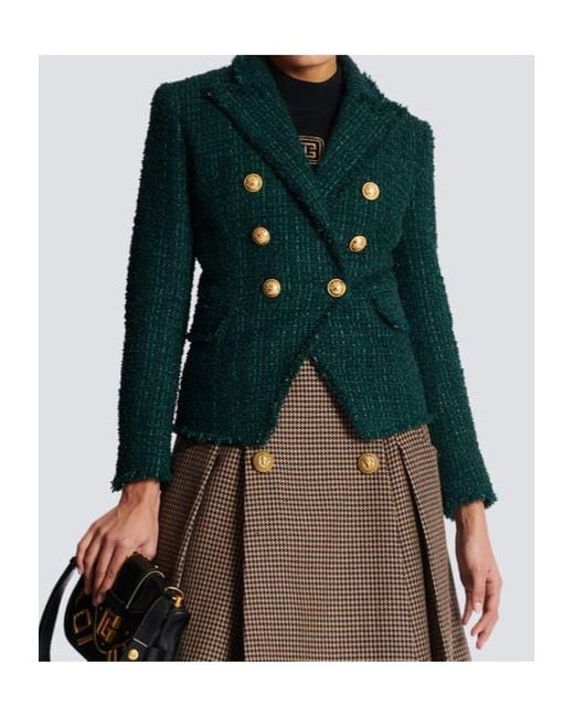 Balmain Green Double Breasted Tweed Jacket