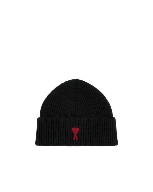 AMI Black Logo Patch Knitted Beanie