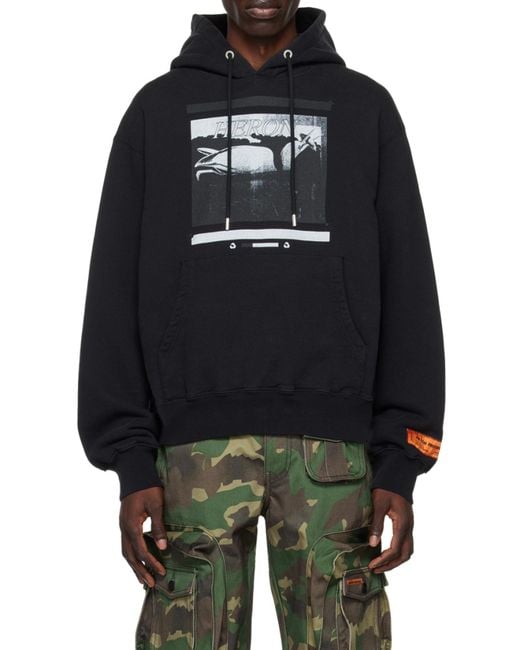 Heron Preston Black Graphic Printed Drawstring Hoodie for men