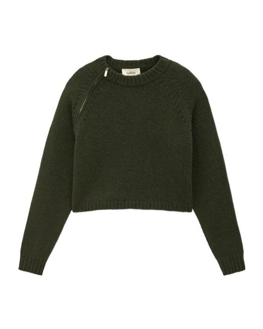 Ba&sh Green Asymmetric Zip Raglan Cropped Knit Sweater