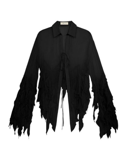 Blumarine Black Sheer Ruffled Tie-Front Top