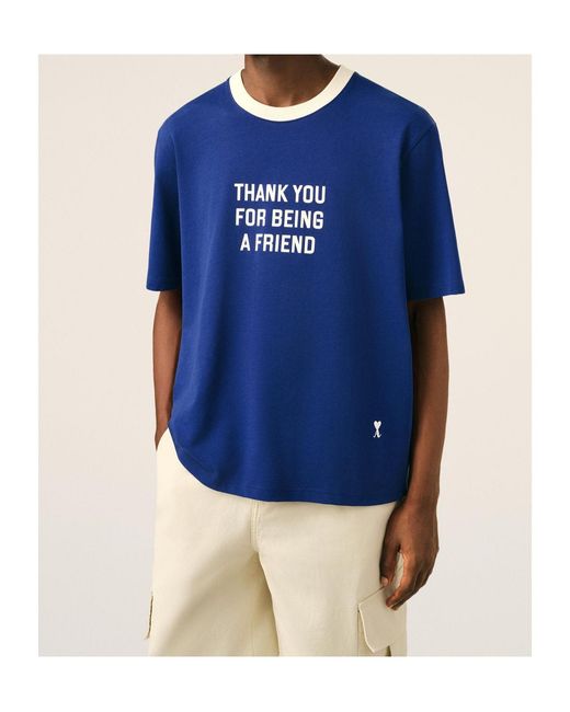 AMI Blue Printed Cotton Thank You For Being A Friend T-Shirt for men