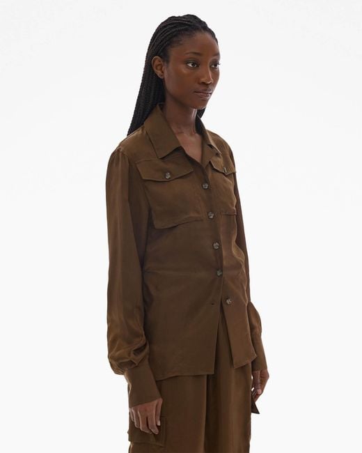 Helmut Lang Brown Long-Sleeve Satin-Finish Shirt
