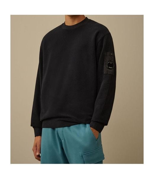 C P Company Black Brushed Emerized Diagonal Fleece Crewneck Sweatshirt for men